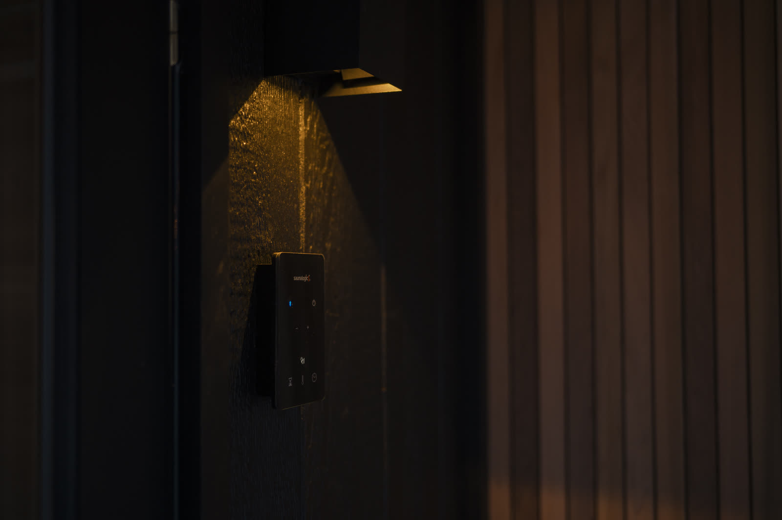 Detail of the wall sconce on black board and batten