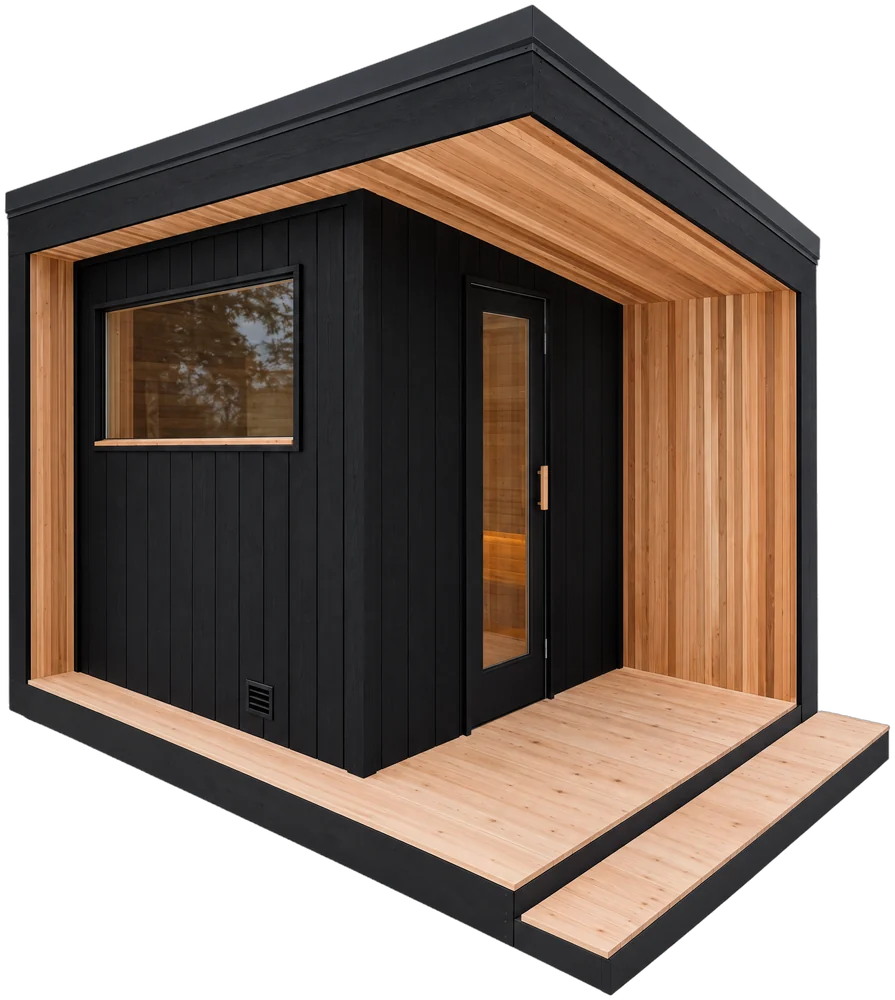 The Tuli: a black board and batten sauna with a clear cedar entry, covered porch and full glass door
