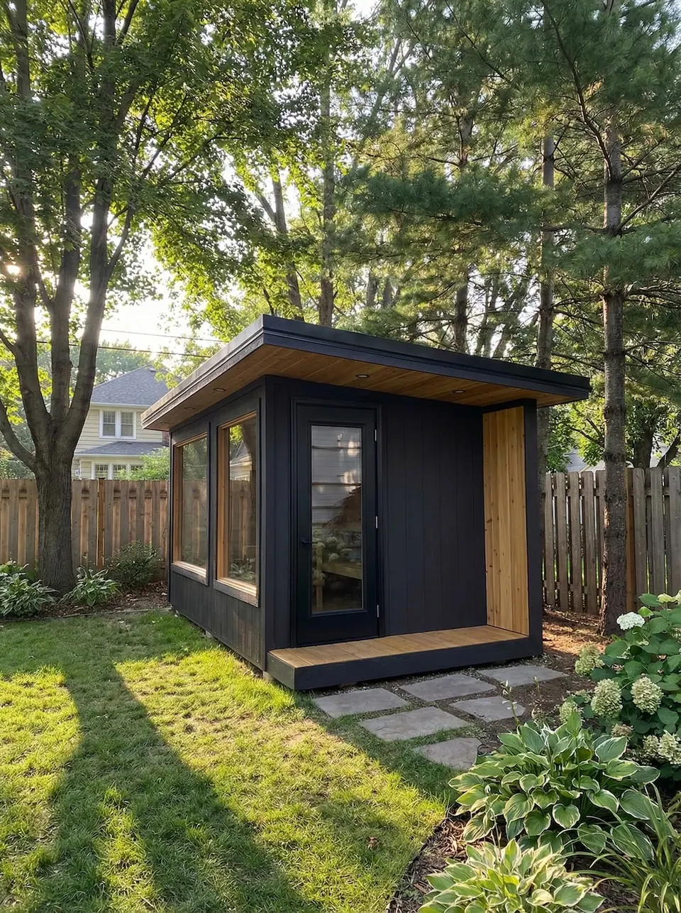 Black sauna with a covered entry in a fenced backyard