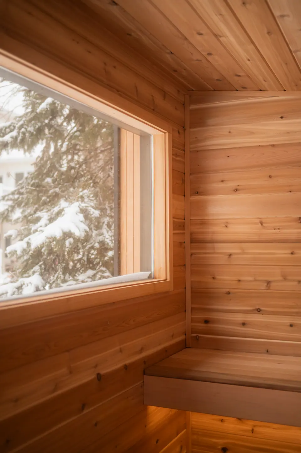 Picture window in the Tuli sauna looking out at snowy trees