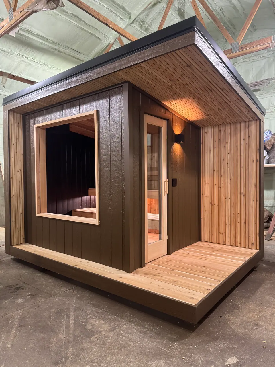 Front of a finished Tuli sauna in the shop